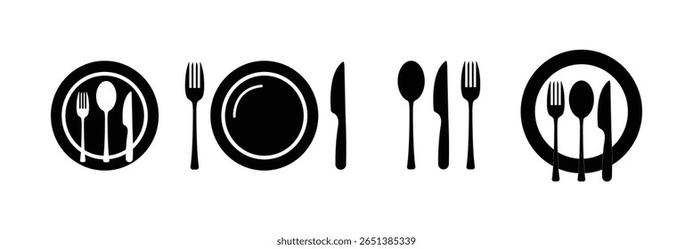 Garfo, colher, faca e prato. Símbolo de menu. Instrumentos de louça. Ícone do restaurante. Comida, prato, garfo, faca, colher, conjunto de ícone de talheres.