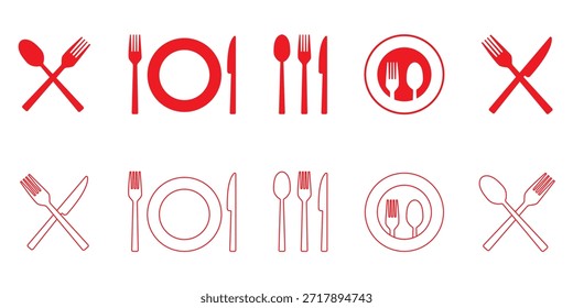 Garfo, colher, faca e prato. Símbolo de menu. Instrumentos de louça. Ícone do restaurante. Comida, prato, garfo, faca, colher, conjunto de ícone de talheres.