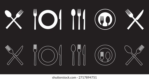 Tenedor, cuchara, cuchillo y plato. Símbolo de menú. Instrumentos de vajilla. Icono de restaurante. Comida, plato, tenedor, cuchillo, cuchara, conjunto de iconos de cubiertos.