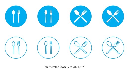 Tenedor, cuchara, cuchillo y plato. Símbolo de menú. Instrumentos de vajilla. Icono de restaurante. Comida, plato, tenedor, cuchillo, cuchara, conjunto de iconos de cubiertos.