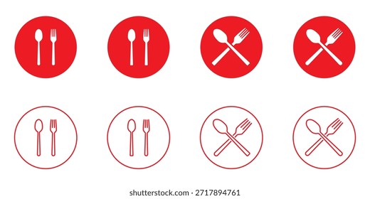 Tenedor, cuchara, cuchillo y plato. Símbolo de menú. Instrumentos de vajilla. Icono de restaurante. Comida, plato, tenedor, cuchillo, cuchara, conjunto de iconos de cubiertos.