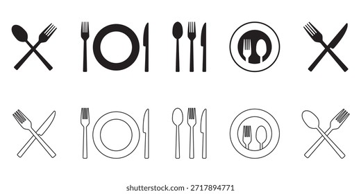 Tenedor, cuchara, cuchillo y plato. Símbolo de menú. Instrumentos de vajilla. Icono de restaurante. Comida, plato, tenedor, cuchillo, cuchara, conjunto de iconos de cubiertos.
