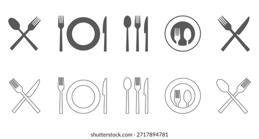 Garfo, colher, faca e prato. Símbolo de menu. Instrumentos de louça. Ícone do restaurante. Comida, prato, garfo, faca, colher, conjunto de ícone de talheres.
