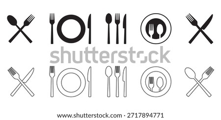 Fork, spoon, knife and plate. Menu symbol. Tableware instruments. Restaurant icon. Food, plate, fork, knife, spoon, cutlery icon set.