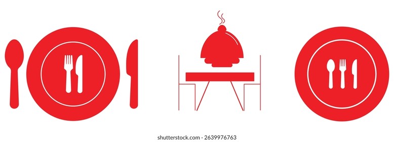 Fork, spoon, knife, plate, table and cloche or tray icon. Fork, knife and plate icons set. Logotype tableware. Vector illustration.