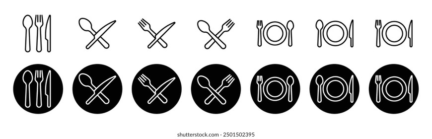 Fork, spoon, knife and plate vector icon set. Food, plate, fork, knife, spoon, cutlery icon collection. Tableware sign. Cutlery symbol.