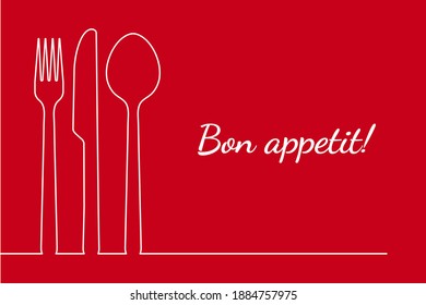 Fork spoon knife restaurant menu line design for dinner, lunch or breakfast card cover. Elegant vintage retro style. Outline cutlery isolated vector illustration with bon appetit single thin line draw