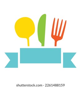 Fork, spoon and knife with ribbon. Cooking elements set. Vector illustration isolated on white.