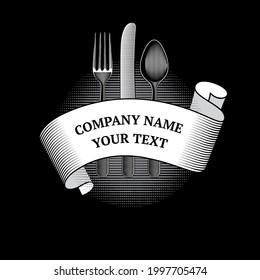 Horquilla, cuchara y cuchillo con cinta adhesiva. Plantilla del logotipo del restaurante. Ilustración vectorial de material.