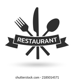 Fork, spoon, knife with ribbon. Restaurant logo or icon. Cafe, food, menu design element with crossed cutlery.  Vector illustration.