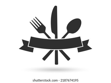 Fork, spoon and knife with ribbon for text. Crossed cutlery icon. Restaurant, menu logo design template. Vector illustration.