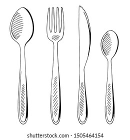 Fork Spoon Knife Set Graphic Black White Isolated Sketch Illustration Vector