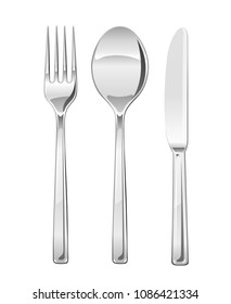 Horquilla, cuchara, cuchillo. Conjunto de utensilios para comer. Platos de comida. Vajilla inoxidable. Equipamiento de cocina. Herramientas de cocina. Sirviendo. Fondo blanco aislado. Ilustración vectorial EPS10.