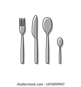 Fork spoon and knife sign. Black line icon with gray shifted flat filled icon on white background. Illustration.