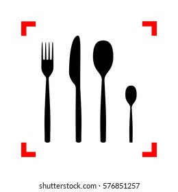 Fork spoon and knife sign. Black icon in focus corners on white background. Isolated.