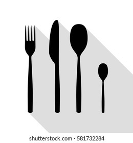 Fork spoon and knife sign. Black icon with flat style shadow path.
