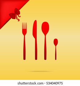 Fork spoon and knife sign. Christmas design red icon on gold background.