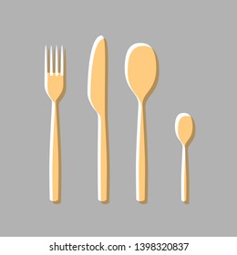 Fork spoon and knife sign. Emboss effect with light orange icon on gray background.