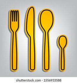 Fork spoon and knife sign. Flat orange icon with overlapping linear black icon with gray shadow at whitish background. Illustration.