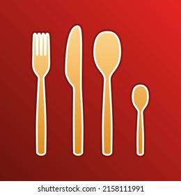 Fork spoon and knife sign. Golden gradient Icon with contours on redish Background. Illustration.
