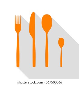 Fork spoon and knife sign. Orange icon with flat style shadow path.