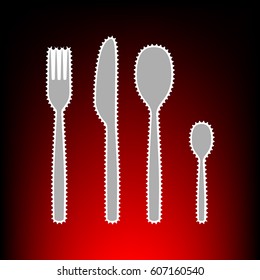 Fork spoon and knife sign. Postage stamp or old photo style on red-black gradient background.