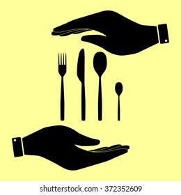 Fork spoon and knife sign. Save or protect symbol by hands.