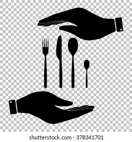 Fork spoon and knife sign. Save or protect symbol by hands.