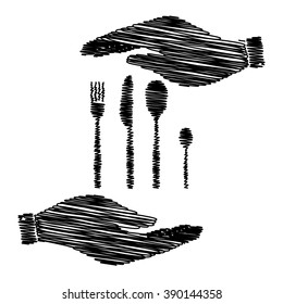 Fork spoon and knife sign. Save or protect symbol by hands with scribble effect.