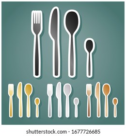 Fork spoon and knife sign. Set of metallic Icons with gray, gold, silver and bronze gradient with white contour and shadow at viridan background. Illustration.