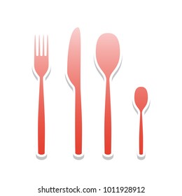 Fork spoon and knife sign. Vector. Reddish icon with white and gray shadow on white background. Isolated.
