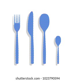 Fork spoon and knife sign. Vector. Neon blue icon with cyclamen polka dots pattern with light gray shadow on white background. Isolated.