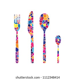 Fork spoon and knife sign. Vector. Stained glass icon on white background. Colorful polygons. Isolated.