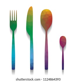 Fork spoon and knife sign. Vector. Colorful icon with bright texture of mosaic with soft shadow on white background. Isolated.