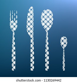 Fork spoon and knife sign. Vector. White textured icon at lapis lazuli gradient background.