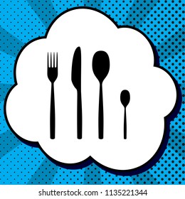 Fork spoon and knife sign. Vector. Black icon in bubble on blue pop-art background with rays.