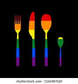 Fork spoon and knife sign. Vector. Icon with colors of LGBT flag at black background.