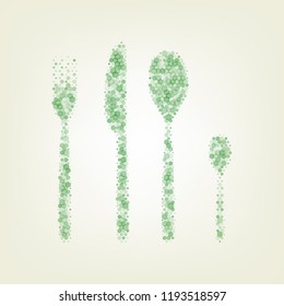 Fork spoon and knife sign. Vector. Green hexagon rastered icon and noised opacity and size at light green background with central light.