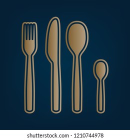 Fork spoon and knife sign. Vector. Golden icon and border at dark cyan background.