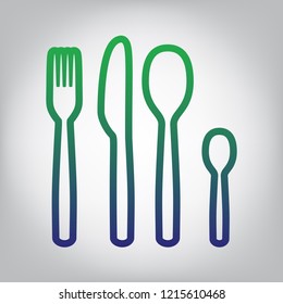 Fork spoon and knife sign. Vector. Green to blue gradient contour icon at grayish background with light in center.