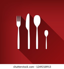 Fork spoon and knife sign. Vector. White icon with limitless shadow at ruby red background.