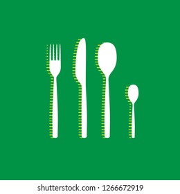 Fork spoon and knife sign. Vector. White flat icon with yellow striped shadow at green background.