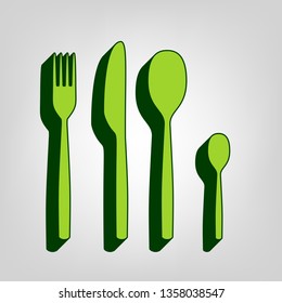 Fork spoon and knife sign. Vector. Yellow green solid icon with dark green external body at light colored background.