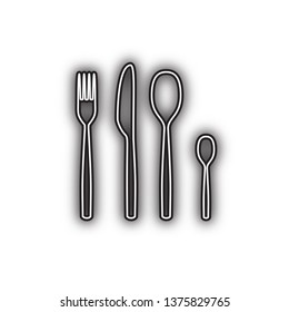 Fork spoon and knife sign. Vector. Double contour black icon with soft shadow at white background. Isolated.