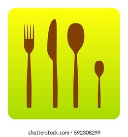 Fork spoon and knife sign. Vector. Brown icon at green-yellow gradient square with rounded corners on white background. Isolated.