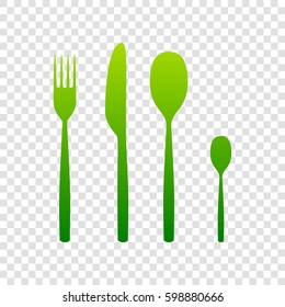 Fork spoon and knife sign. Vector. Green gradient icon on transparent background.