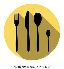 Fork spoon and knife sign. Vector. Flat black icon with flat shadow on royal yellow circle with white background. Isolated.