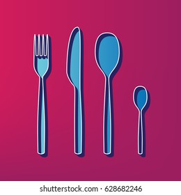 Fork spoon and knife sign. Vector. Blue 3d printed icon on magenta background.