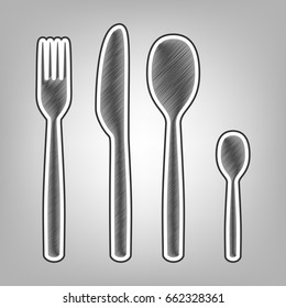 Fork spoon and knife sign. Vector. Pencil sketch imitation. Dark gray scribble icon with dark gray outer contour at gray background.