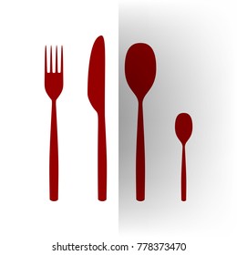 Fork spoon and knife sign. Vector. Bordo icon on white bending paper background.